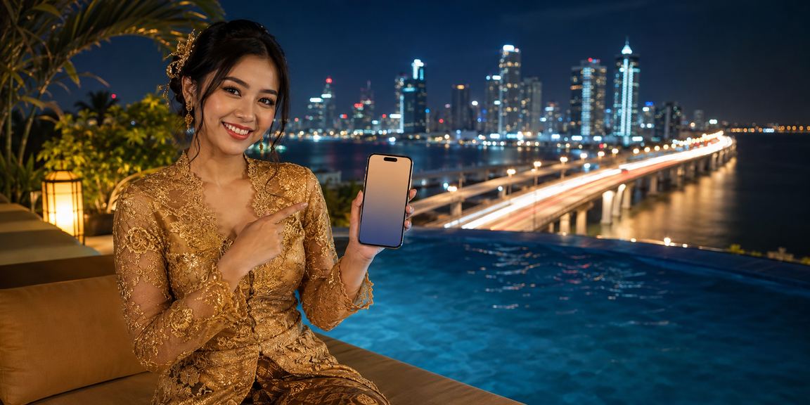 Model menunjukkan informasi bonus deposit dan referral di layar ponsel