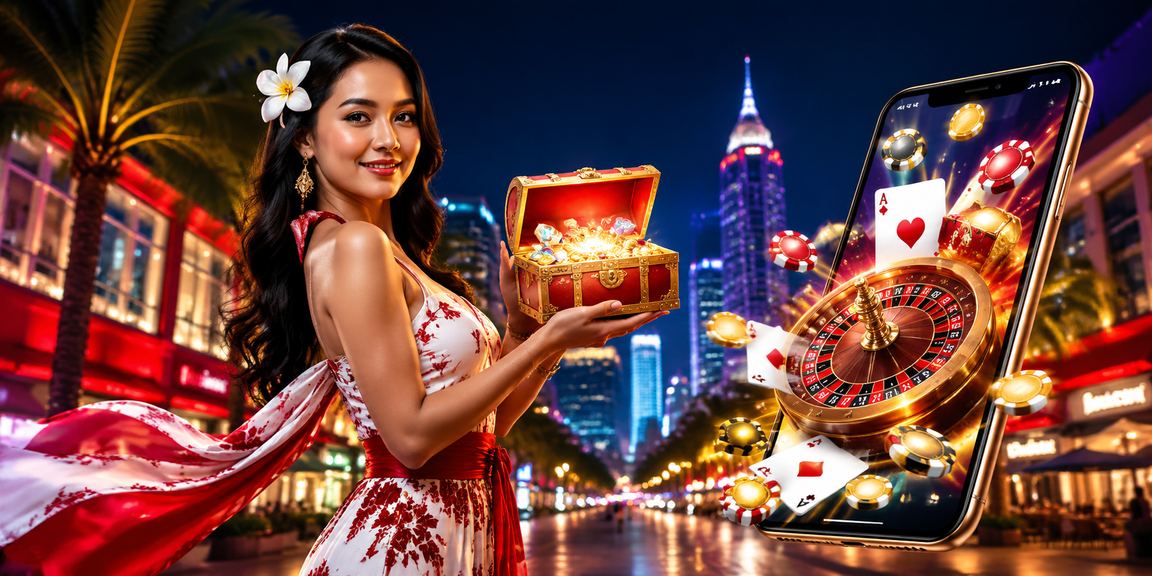 Tampilan antarmuka casino mobile dengan efek neon di layar ponsel
